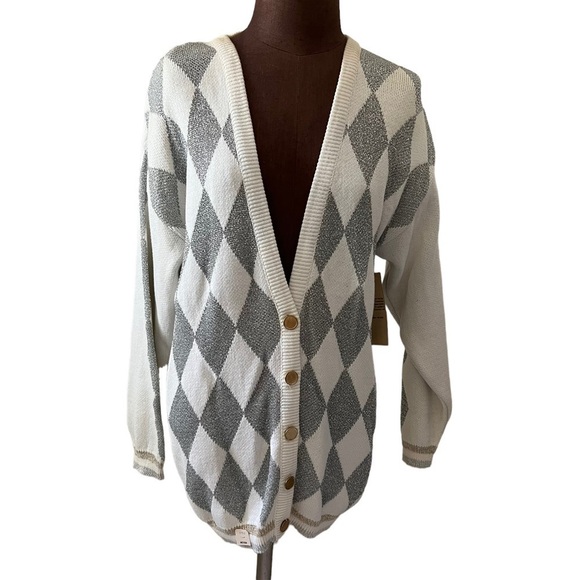 Pierre Cardin 1990s Metallic Harlequin Cardigan Sweater Medium - Picture 1 of 14